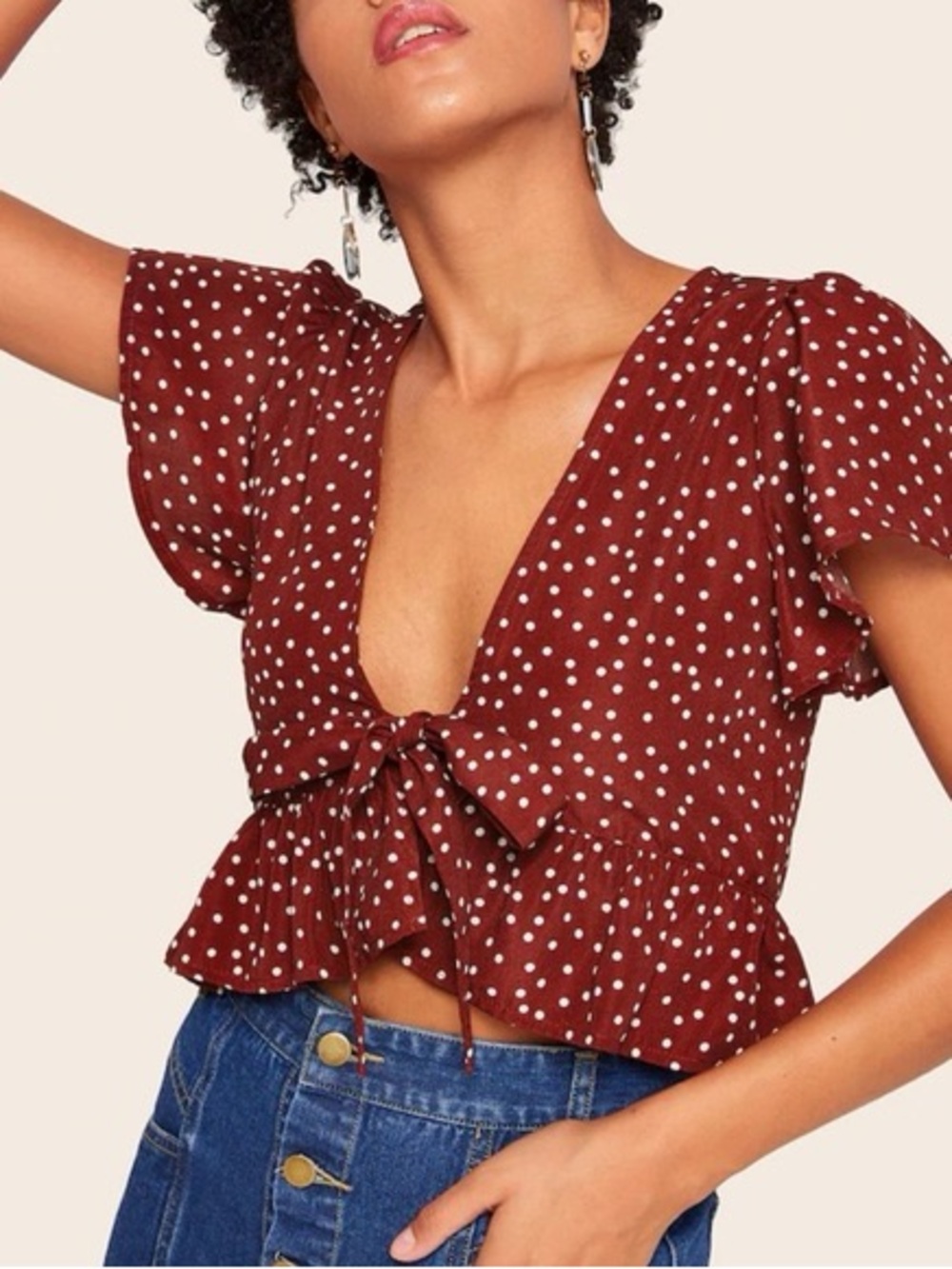 SHEIN Burgundy Dot Tie-Front Ruffle Blouse